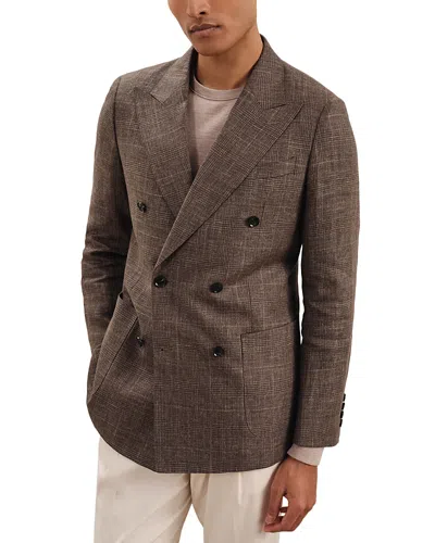 Reiss Ramsay Double Breasted Peak Check Linen Blazer In Dark Brown