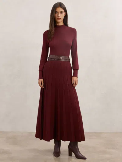 Reiss Raspberry Red Belted Knit Pleated Midi Dress In Burgundy