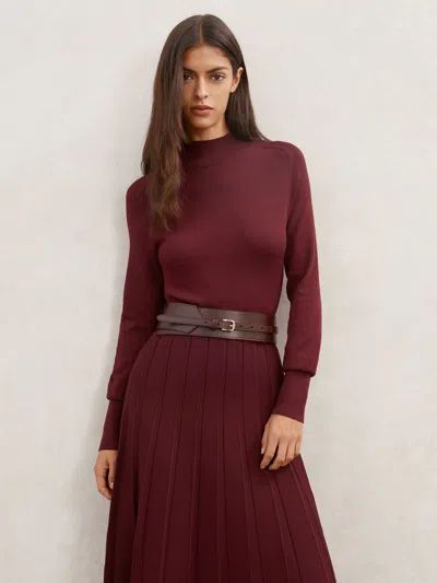 Reiss Raspberry Red Petite Belted Knit Pleated Midi Dress In Burgundy