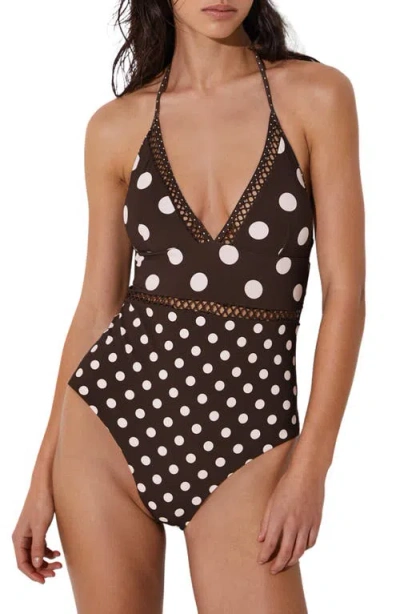 Reiss Polka Dot Lattice Trim One Piece Swimsuit In Brown