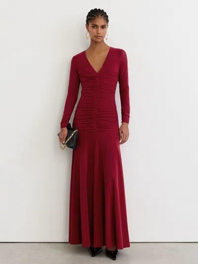 Reiss Red Cathy Ruched Mesh Long-sleeve Maxi Dress
