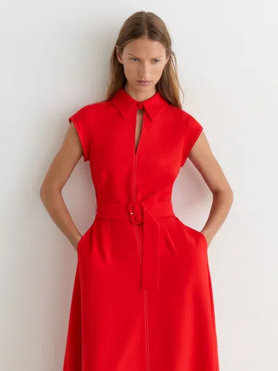 Reiss Red Collared Belted Midi Dress
