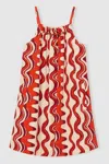 Reiss Red Cotton Bead-detail Printed Dress