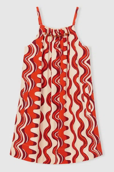 Reiss Red Cotton Bead-detail Printed Dress