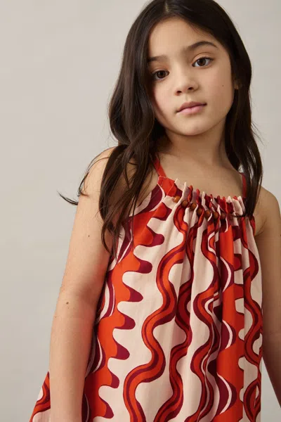 Reiss Red Cotton Bead-detail Printed Dress