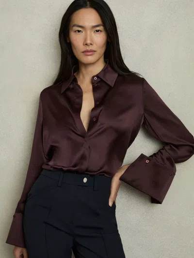 Reiss Red Hailey Silk Double-cuff Button-through Shirt In Brown