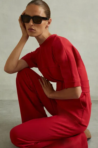 Reiss Red Wide Leg Belted Jumpsuit