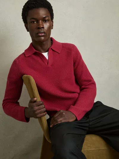 Reiss Red Kingston Rib Knit Open Collar Polo Shirt In Burgundy