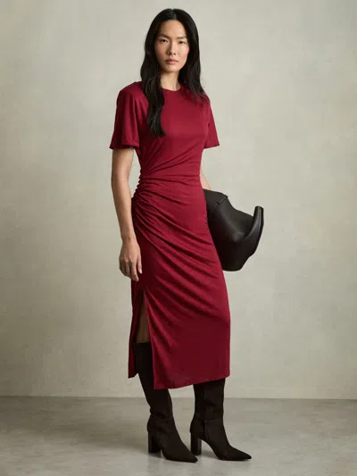 Reiss Red Modal-blend Ruched Midi Dress In Burgundy