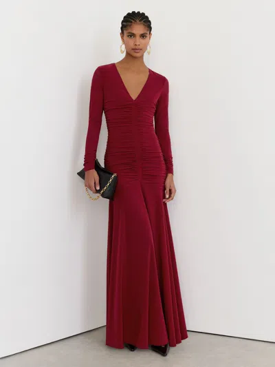 Reiss Red Petite Ruched Mesh Long-sleeve Maxi Dress In Burgundy