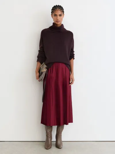 Reiss Red Satin-finish Pleated Midi Skirt