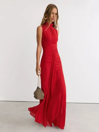 Reiss Red Sheer Ruched Sleeveless Maxi Dress In Multi