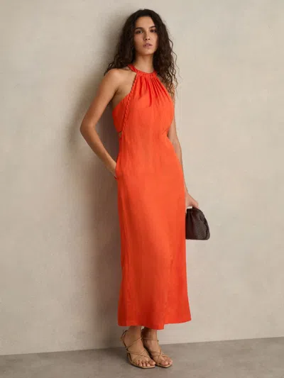 Reiss Red Whipstitch Halterneck Midi Dress