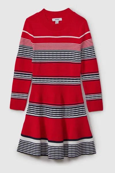Reiss Remi - Red Teen Knitted Striped Skater Dress, 13 - 14 Years