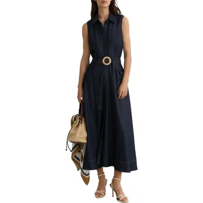Reiss Womens Indigo Blue Remi Belted-waist Denim Midi Dress In Black