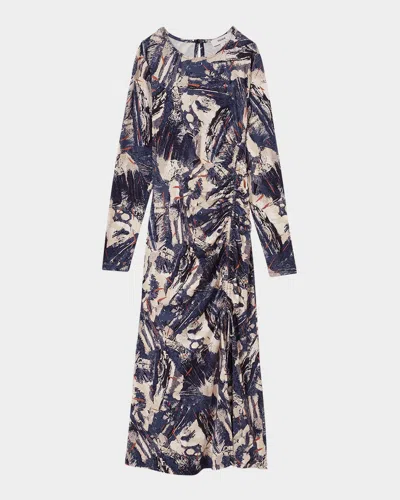 Reiss Ruched Print Midi Dress In Navy/neutral