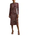 Reiss Red Printed Ruched Midi Dress