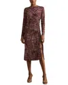Reiss Riyo Ruched Print Midi Dress In Burgundy