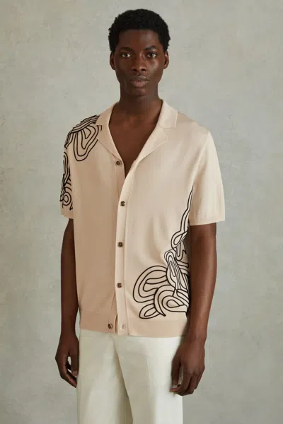 Reiss Romance - Cream Jersey Embroidered Cuban Collar Shirt, L