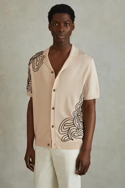 Reiss Cream Jersey Embroidered Cuban Collar Shirt