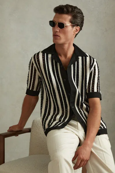 Reiss Romy - Black/ecru Crochet Cuban Collar Shirt, L