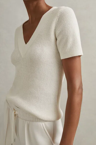 Reiss Rosie - Ivory Cotton Blend Knitted V-neck Top, S