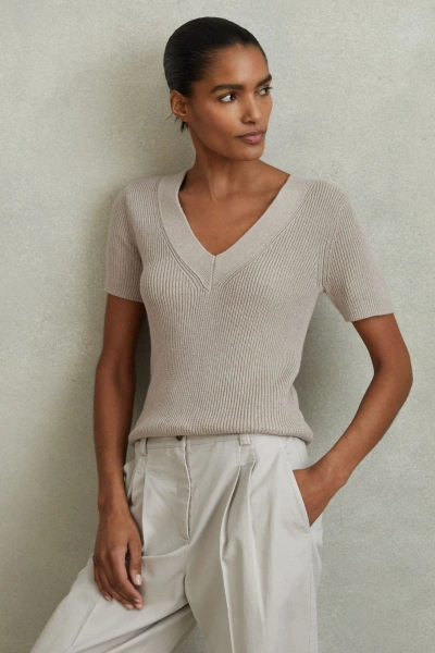 Reiss Rosie - Neutral Cotton Blend Knitted V-neck Top, S