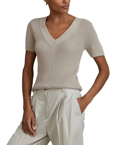 Reiss Rosie V Neck Knitted Linen-blend Top In Neutral