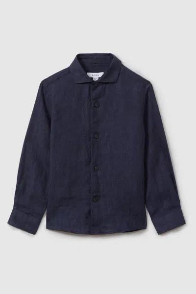 Reiss Ruban - Navy Linen Cutaway Collar Shirt, Uk 13-14 Yrs