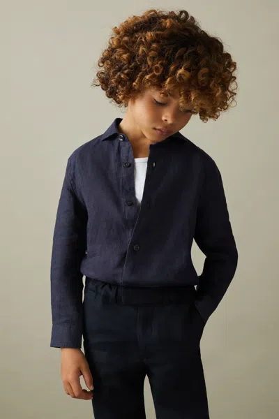 Reiss Babies' Ruban - Navy Senior Linen Cutaway Collar Shirt, Uk 7-8 Yrs