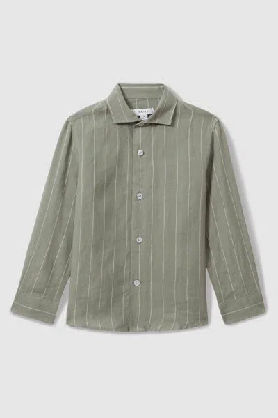 Reiss Kids' Ruban - Sage Ruban Striped Linen Cutaway Collar Shirt, Uk 13-14 Yrs In Sage Stripe