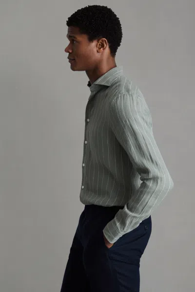 Reiss Ruban - Sage Stripe Linen Button-through Shirt, M