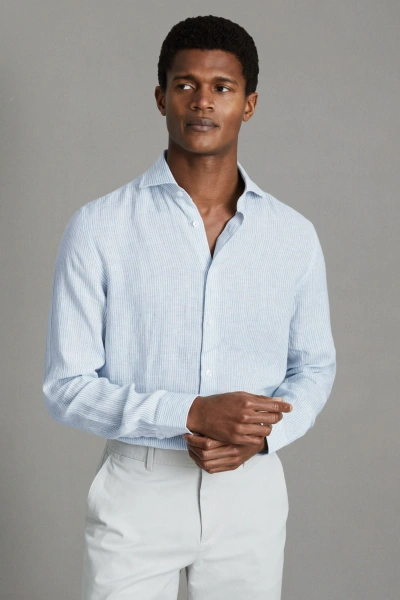 Reiss Ruban - Soft Blue Fine Stripe Linen Button-through Shirt, L