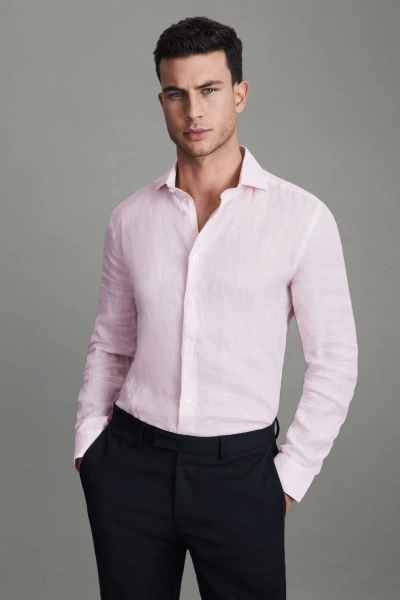 Reiss Ruban - Soft Pink Fine Stripe Linen Button-through Shirt, S