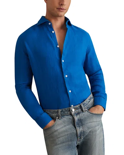 Reiss Ruban Long Sleeve Button Front Linen Shirt In Bright Blue