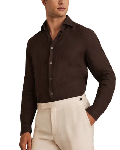 Reiss Ruban Long Sleeve Button Front Linen Shirt In Dark Brown