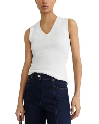 Reiss Ruched V Neck Ribbed Top In White