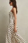 REISS RUE - WHITE/BLACK VISCOSE LINEN POLKA DOT RUCHED MAXI DRESS, US 4