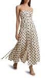 Reiss White/black Viscose Linen Polka Dot Ruched Maxi Dress In Stone/ Black