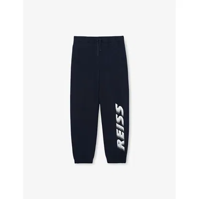 Reiss Kids' Navy Ruff Logo-print Cuffed Cotton-jersey Jogging Bottoms 3-9 In Blue