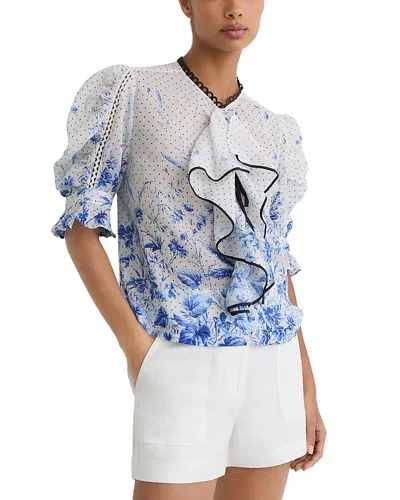 Reiss Ruffle Printed Blouse In Blue