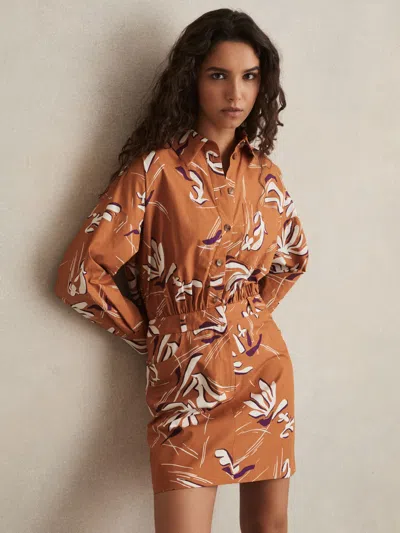 Reiss Rust Cotton Printed Shirt Dress In Brown