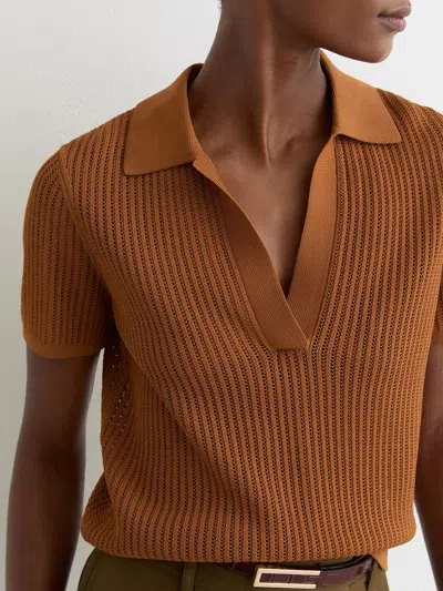 Reiss Womens Rust Orange Pippa Open-stitch Woven Polo Shirt In Brown