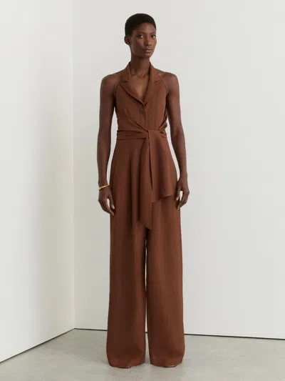 Reiss Rust Orange Petite Tie-front Wide-leg Jumpsuit With Linen In Brown