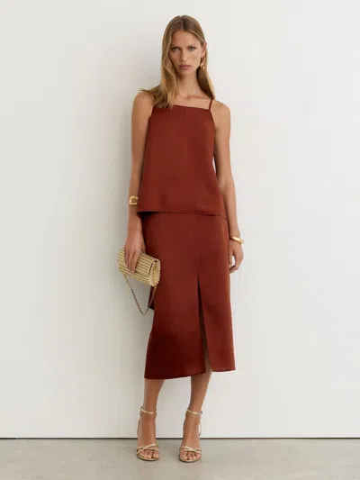 Reiss Rust Orange Satin Straight Midi Skirt In Burgundy