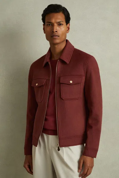 Reiss Rust Red Zip-through Trucker Jacket With Wool In Rust Red