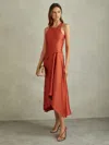 Reiss Womens Rust Micah Draped-front Satin Midi Dress In Brown