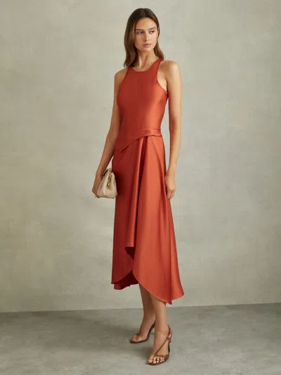 Reiss Rust Satin Drape Tuck Midi Dress In Brown