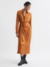 Reiss Rust Satin Shirt-style Midi Dress In Brown