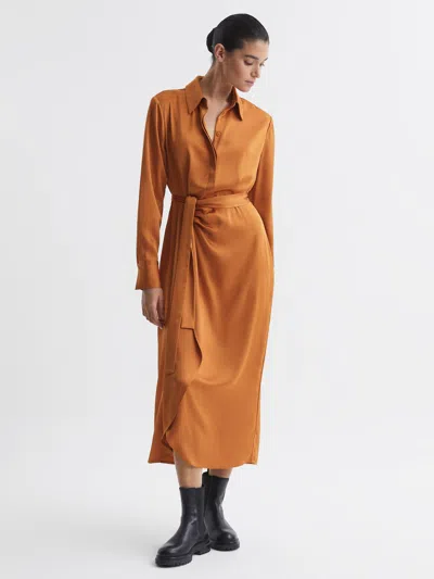 Reiss Rust Satin Shirt-style Midi Dress In Brown